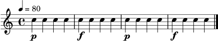 \version "2.22.0"
\paper { ragged-right = ##t }
\score {
\new Staff \relative c'' {
\clef treble
\time 4/4
\tempo 4 = 80
c4\p c c c | c4\f c c c | c4\p c c c | c4\f c c c \bar "|."
}
\layout { }
\midi { }
}
