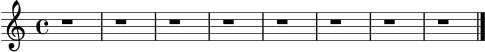 \version "2.18.2"
\header { tagline = "" }
\score {
\new Staff { \clef treble \key c \major \time 4/4 r1 | r1 | r1 | r1 | r1 | r1 | r1 | r1 \bar "|." }
\layout { }
}