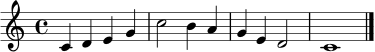 \relative c' {
\clef treble
\key c \major
\time 4/4
c4 d e g | c2 b4 a | g4 e d2 | c1 \bar "|."
}
