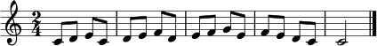 \relative c' { \clef treble \time 2/4 \key c \major c8 d e c | d e f d | e f g e | f e d c | c2 \bar "|." }