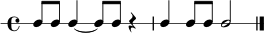 
\new RhythmicStaff { \time 4/4 c8 c8 c4~ c8 c8 r4 | c4 c8 c8 c2 \bar "|." }
