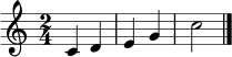 
\language "deutsch"
\relative c' { \clef treble \key c \major \time 2/4 c4 d | e g | c2 \bar "|." }
