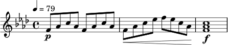 \relative c' {
\key f \minor
\time 4/4
\tempo 4 = 79
f8\p aes c aes f aes c aes |
f8\< aes c ees f ees c aes\! |
<f aes c>1\f
}