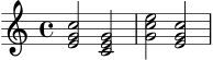 \version "2.20.0"
\header { tagline = "" }
\score {
\new Staff {
\clef treble
\key c \major
\time 4/4
<e' g' c''>2
<c' e' g'>2
<g' c'' e''>2
<e' g' c''>2
}
\layout { }
\midi { \tempo 4=68 }
}