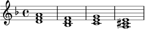 \relative c' {
\key d \minor
\time 4/4
<d f a>1 |
<bes d f>1 |
<c e g>1 |
<a cis e>1 |
}