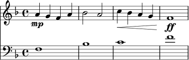 <<
\new Staff \relative c'' {
\key f \major
\time 4/4
a4\mp g f a |
bes2 a |
c4\< bes a g |
f1\ff
}
\new Staff \relative c {
\clef bass
\key f \major
f1 |
bes |
c |
f
}
>>