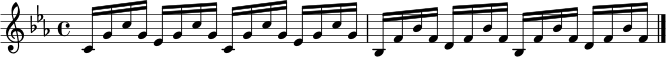 \relative c' { \set Staff.midiInstrument = "lead 1 (square)" \key c \minor \time 4/4 c16 g' c g es g c g c, g' c g es g c g | bes, f' bes f d f bes f bes, f' bes f d f bes f \bar "|." }