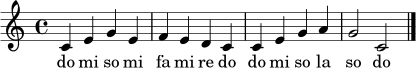 \relative c' {
\clef treble
\key c \major
\time 4/4
c4 e g e | f4 e d c | c4 e g a | g2 c, \bar "|."
}
\addlyrics { do mi so mi fa mi re do do mi so la so do }