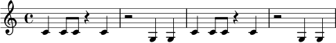 \relative c' {
\time 4/4
c4 c8 c r4 c4 |
r2 g4 g |
c4 c8 c r4 c4 |
r2 g4 g |
}