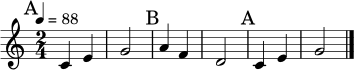 
\relative c' {
\time 2/4
\tempo 4 = 88
\mark \markup { A }
c4 e | g2 |
\mark \markup { B }
a4 f | d2 |
\mark \markup { A }
c4 e | g2 \bar "|."
}
