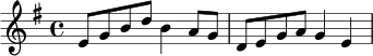 \relative c' {
\key e \minor
\time 4/4
e8 g b d b4 a8 g |
d8 e g a g4 e |
}