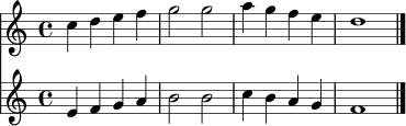 
<<
  \new Staff \relative c'' {
    \clef treble
    \key c \major
    \time 4/4
    c4 d e f | g2 g | a4 g f e | d1 \bar "|."
  }
  \new Staff \relative c' {
    \clef treble
    \key c \major
    \time 4/4
    e4 f g a | b2 b | c4 b a g | f1 \bar "|."
  }
>>
