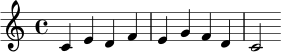 \new Staff { \clef treble c'4 e'4 d'4 f'4 e'4 g'4 f'4 d'4 c'2 }