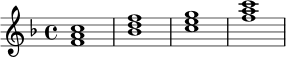 \relative c' {
\key f \major
\time 4/4
<f a c>1 |
<bes d f>1 |
<c e g>1 |
<f a c>1
}