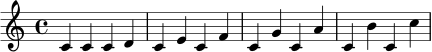{
\clef treble
\time 4/4
c'4 c' | c' d' | c' e' | c' f' | c' g' | c' a' | c' b' | c' c'' |
}