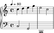 \version "2.24.0"
\score {
\new PianoStaff <<
\new Staff = "right" \relative c'' {
\tempo 4 = 80
c4 d e g | e2 c |
}
\new Staff = "left" \relative c {
\clef bass
c2 g | c,1 |
}
>>
\layout { }
\midi { }
}