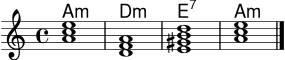 \version "2.22.0"
\header { tagline = ##f }
\score {
<<
\new ChordNames { \chordmode { a1:m d:m e:7 a:m } }
\new Staff {
\clef treble
\key a \minor
\time 4/4
<a' c'' e''>1 | <d' f' a'> | <e' gis' b' d''> | <a' c'' e''> \bar "|."
}
>>
\layout { }
\midi { \tempo 4 = 66 }
}