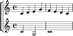 \new ChoirStaff <<
\new Staff {
\relative c' {
\key c \major
\time 4/4
c4 d e g | f e d c
}
}
\new Staff {
\relative c' {
\key c \major
\time 4/4
c2 g | c1
}
}
>>
