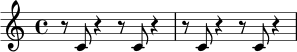 
\relative c' {
  \time 4/4
  \key c \major
  r8 c8 r4 r8 c8 r4 |
  r8 c8 r4 r8 c8 r4 |
}

