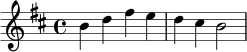 \relative b' {
\key b \minor
\time 4/4
b4 d fis e | d cis b2 |
}