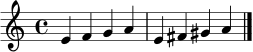\relative c' { \clef treble \key a \minor \time 4/4 e4 f g a | e fis gis a \bar "|." }