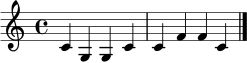 \relative c' { \time 4/4 c4 g g c c f f c \bar "|." }