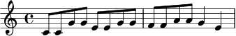 \relative c' {
\time 4/4
\key c \major
c8 c g' g e e g g | f8 f a a g4 e |
}
