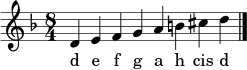 \relative c' { \clef treble \key d \minor \time 8/4 d4 e f g a b cis d \bar "|." }
\addlyrics { d e f g a h cis d }