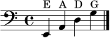 { \clef bass \time 4/4 \set Staff.midiInstrument = "contrabass" e,4^"E" a,^"A" d^"D" g^"G" \bar "|." }