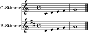 \score {
<<
\new Staff \with { instrumentName = "C-Stimme" midiInstrument = "flute" } \relative c' {
\time 4/4
\key c \major
c4 d e f | g1 \bar "|."
}
\new Staff \with { instrumentName = "B-Stimme" midiInstrument = "clarinet" } \transpose c d \relative c' {
\time 4/4
\key c \major
c4 d e f | g1 \bar "|."
}
>>
\layout { }
\midi { \tempo 4 = 72 }
}