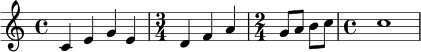 
\relative c' {
  \key c \major
  \time 4/4
  c4 e g e |
  \time 3/4
  d4 f a |
  \time 2/4
  g8 a b c |
  \time 4/4
  c1
}

