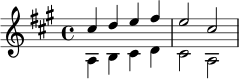 \new Staff <<
\new Voice = "oben" \relative c'' {
\voiceOne
\key a \major
\time 4/4
cis4 d e fis | e2 cis2 |
}
\new Voice = "unten" \relative c' {
\voiceTwo
\key a \major
a4 b cis d | cis2 a2 |
}
>>