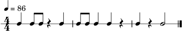 \version "2.22.0"
\header { tagline = "" }
\score {
\new RhythmicStaff {
\numericTimeSignature
\time 4/4
\tempo 4 = 86
c4 c8 c8 r4 c4 | c8 c8 c4 c4 r4 | c4 r4 c2 \bar "|."
}
\layout { }
\midi { }
}