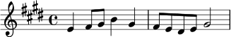 
\relative c' {
  \key e \major
  \time 4/4
  e4 fis8 gis b4 gis |
  fis8 e dis e gis2 |
}

