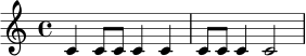 
\relative c' {
  \time 4/4
  c4 c8 c8 c4 c4 |
  c8 c8 c4 c2 |
}
