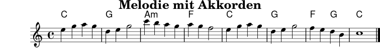 \version "2.24.0"
\paper { tagline = ##f }
\header { title = "Melodie mit Akkorden" }
akkorde = \chordmode {
c1 | g1 | a1:m | f1 |
c1 | g1 | f2 g2 | c1
}
melodie = \relative c'' {
\clef treble
\key c \major
\time 4/4
e4 g a g |
d4 e g2 |
c4 b a g |
a4 g f2 |
e4 g a g |
d4 e g2 |
f4 e d b |
c1 \bar "|."
}
\score {
<<
\new ChordNames \akkorde
\new Staff \melodie
>>
\layout { }
\midi { \tempo 4=88 }
}