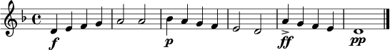 \relative c' {
\clef treble
\key d \minor
\time 4/4
d4\f e f g |
a2 a |
bes4\p a g f |
e2 d |
a'4\ff-> g f e |
d1\pp \bar "|."
}