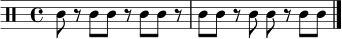 
\version "2.22.0"
\paper { indent = 0 }
\score {
  \new Staff {
    \clef percussion
    \time 4/4
    c'8 r8 c'8 c'8 r8 c'8 c'8 r8 |
    c'8 c'8 r8 c'8 c'8 r8 c'8 c'8 |
    \bar "|."
  }
  \layout { }
  \midi { \tempo 4 = 78 }
}
