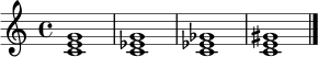 \relative c' {
\clef treble
\time 4/4
<c e g>1 | <c es g>1 | <c es ges>1 | <c e gis>1 \bar "|."
}