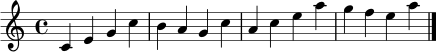 \relative c' {
\key c \major
\time 4/4
c4 e g c
b a g c
a c e a
g f e a
\bar "|."
}
