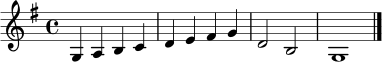 \relative c' {
\key g \major
\time 4/4
g4 a b c | d e fis g | d2 b | g1 \bar "|."
}