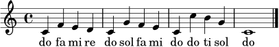 
\relative c' {
\time 4/4
\key c \major
c4 f e d | c g' f e | c c' b g | c,1 |
\bar "|."
}
\addlyrics { do fa mi re do sol fa mi do do ti sol do }

