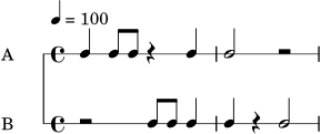\version "2.24.0"
\score {
<<
\new RhythmicStaff \with { instrumentName = "A" } {
\tempo 4 = 100
c4 c8 c r4 c4 | c2 r2 |
}
\new RhythmicStaff \with { instrumentName = "B" } {
r2 c8 c c4 | c4 r4 c2 |
}
>>
\layout { }
\midi { }
}