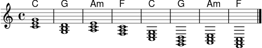 \version "2.22.0"
akkorde = \chordmode { c1 g a:m f c g a:m f }
\score {
<<
\new ChordNames \akkorde
\new Staff \relative c' {
\key c \major
\time 4/4
<c e g>1
<g b d>1
<a c e>1
<f a c>1
<c e g>1
<g b d>1
<a c e>1
<f a c>1
\bar "|."
}
>>
\layout { }
\midi { \tempo 4 = 92 }
}