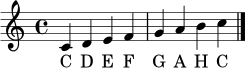 \language "deutsch"
\relative c' {
\clef treble
\time 4/4
c4 d e f
g a h c
\bar "|."
}
\addlyrics { C D E F G A H C }