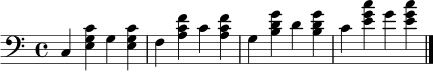 \relative c { \clef bass \time 4/4 c4 <e g c> g <e g c> | f <a c f> c <a c f> | g <b d g> d <b d g> | c <e g c> g <e g c> \bar "|." }