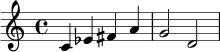 \relative c' {
\time 4/4
c4 ees fis a |
g2 d2 |
}
