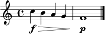 \relative c'' {
\clef treble
\time 4/4
c4\f\> b a g | f1\p\! \bar "|."
}