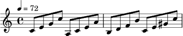 
\relative c' {
  \clef treble
  \key c \major
  \time 4/4
  \tempo 4 = 72
  c8 e g c
  a,8 c e a
  b,8 d f b
  c,8 e gis c
}
