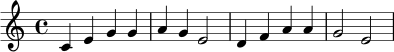 
\relative c' {
  \key c \major
  \time 4/4
  c4 e g g |
  a g e2 |
  d4 f a a |
  g2 e2 |
}
